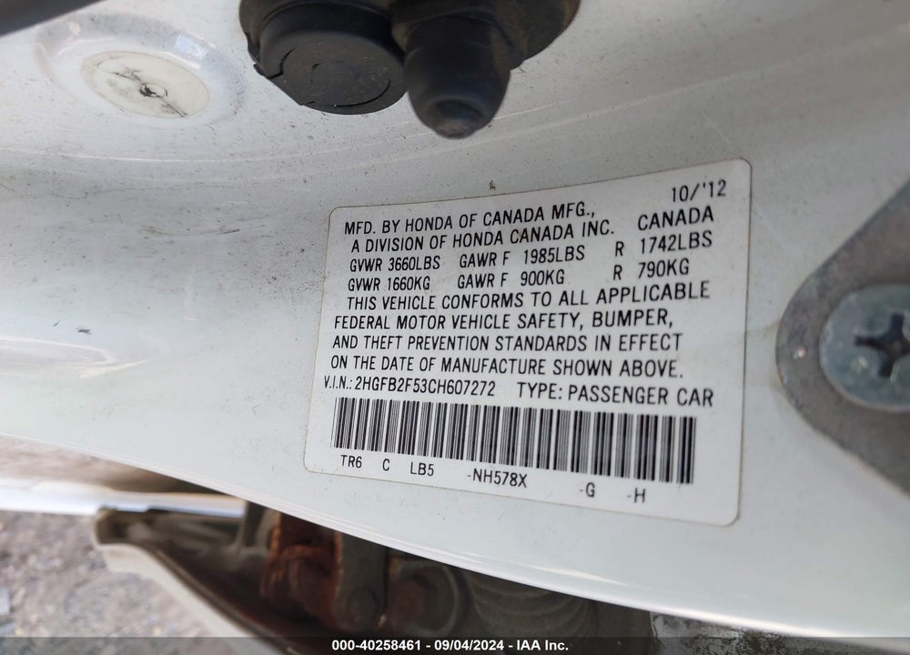 2012 HONDA CIVIC VIN: 2HGFB2F53CH607272