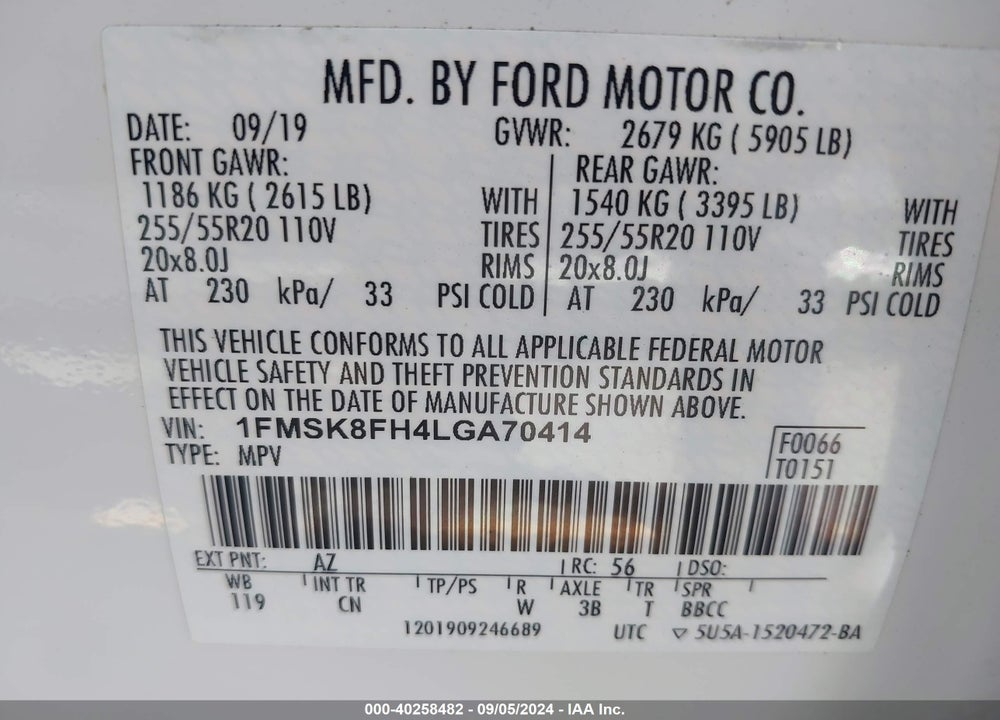 2020 FORD EXPLORER LIMITED VIN: 1FMSK8FH4LGA70414