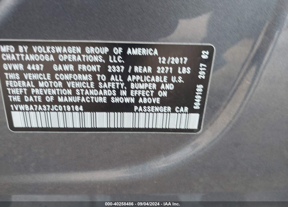 2018 VOLKSWAGEN PASSAT 2.0T SE VIN: 1VWBA7A37JC019164