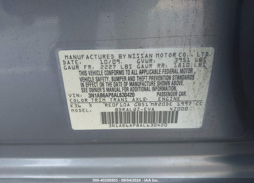 2010 NISSAN SENTRA 2.0 VIN: 3N1AB6AP8AL630420