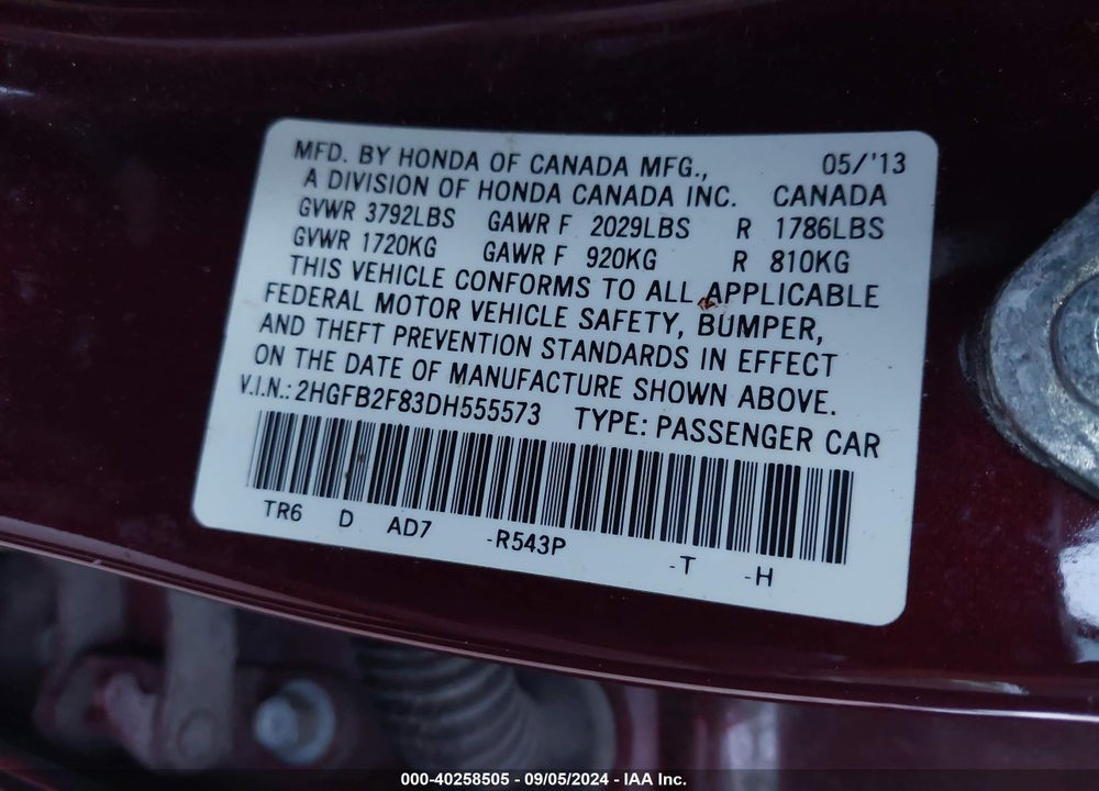 2013 HONDA CIVIC EX VIN: 2HGFB2F83DH555573