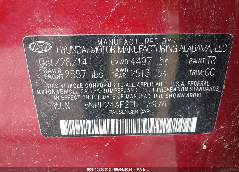 2015 HYUNDAI SONATA SE VIN: 5NPE24AF2FH118976