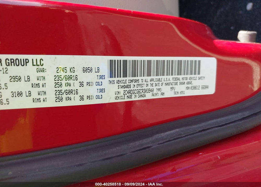 2012 DODGE GRAND CARAVAN SXT VIN: 2C4RDGCG6CR303940