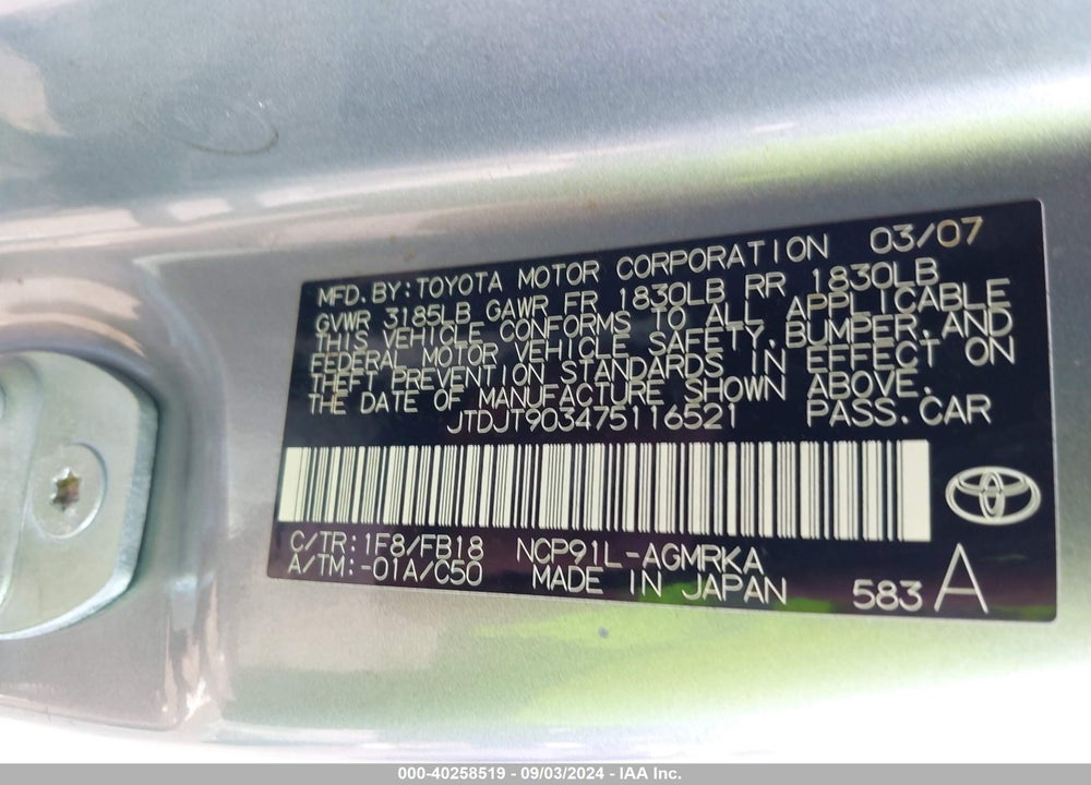 2007 TOYOTA YARIS VIN: JTDJT903475116521