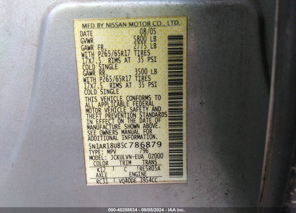 2005 NISSAN PATHFINDER LE VIN: 5N1AR18U85C786879