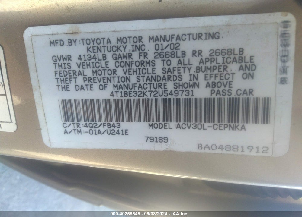 2002 TOYOTA CAMRY LE VIN: 4T1BE32K72U549731