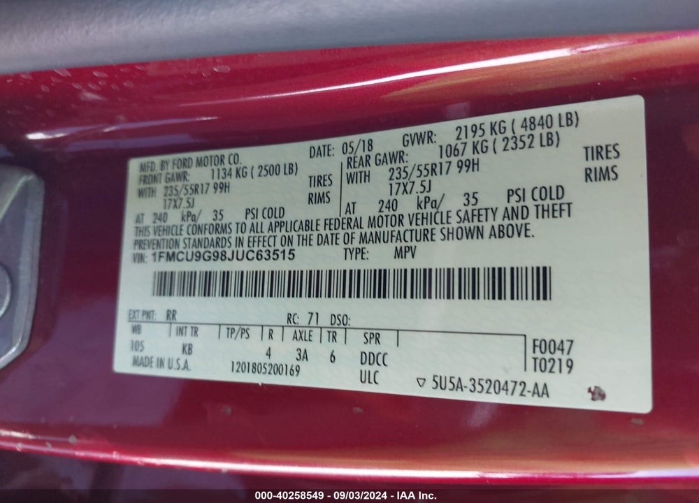 2018 FORD ESCAPE SE VIN: 1FMCU9G98JUC63515