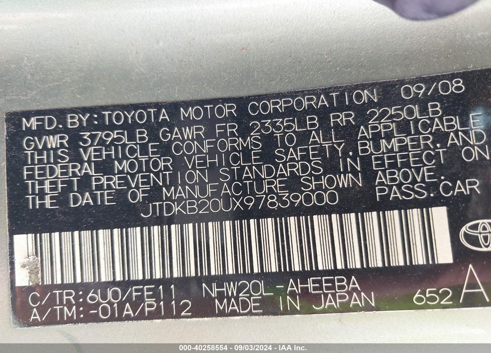 2009 TOYOTA PRIUS VIN: JTDKB20UX97839000