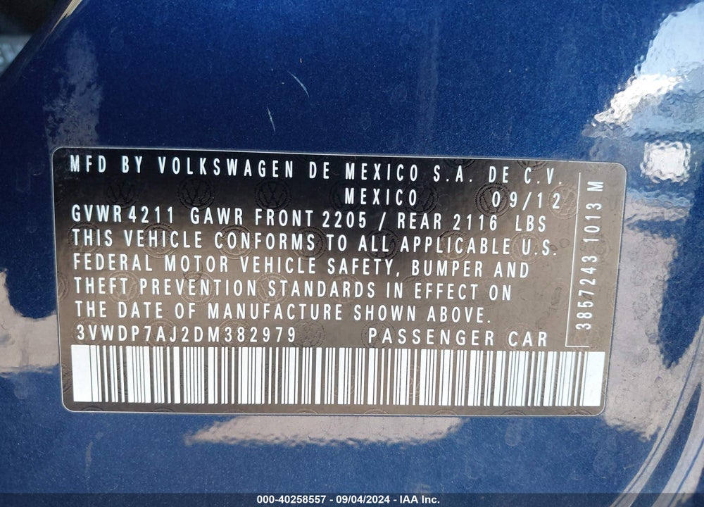 2013 VOLKSWAGEN JETTA 2.5L SE VIN: 3VWDP7AJ2DM382979