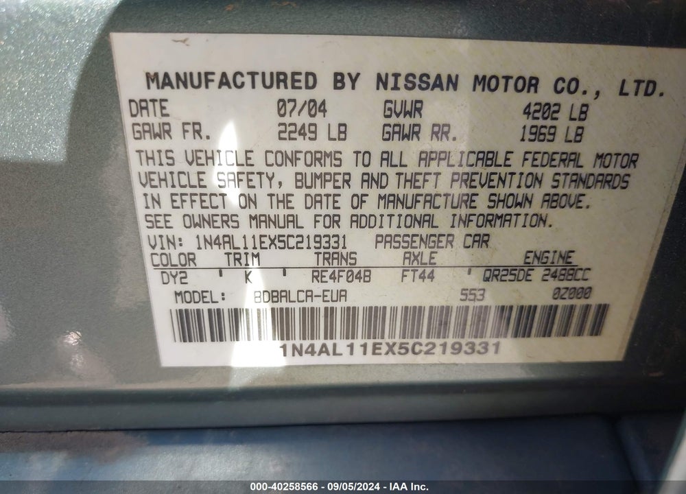 2005 NISSAN ALTIMA 2.5 S VIN: 1N4AL11EX5C219331