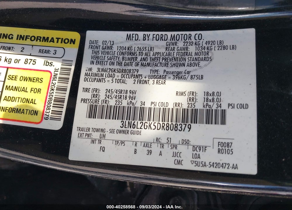 2013 LINCOLN MKZ VIN: 3LN6L2GK5DR808379