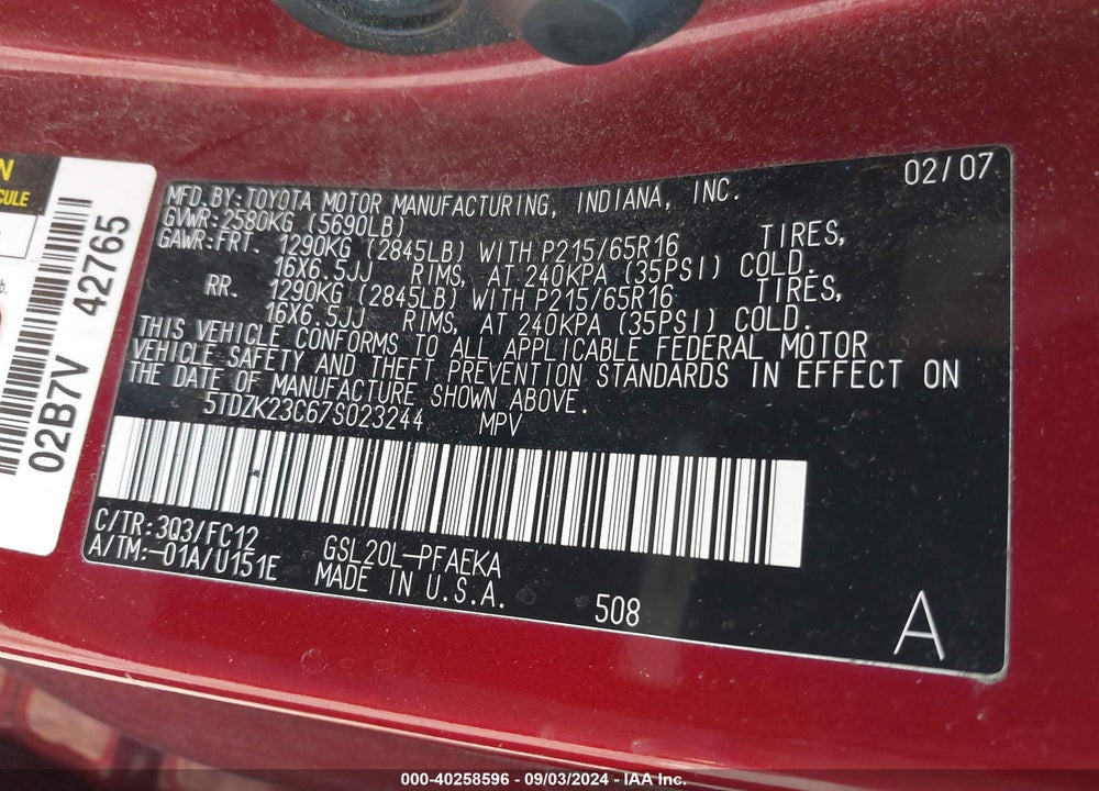 2007 TOYOTA SIENNA VIN: 5TDZK23C67S023244