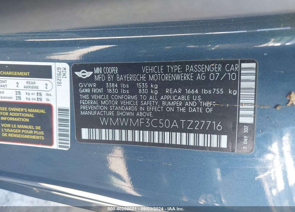 2010 MINI COOPER VIN: WMWMF3C50ATZ27716