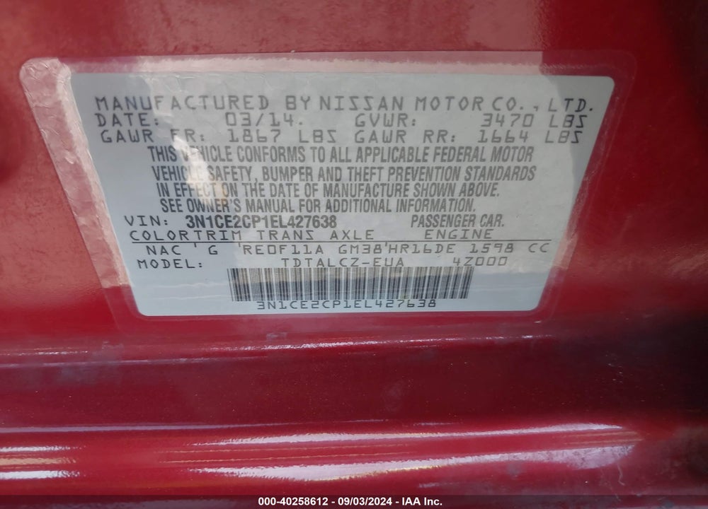 2014 NISSAN VERSA NOTE S PLUS VIN: 3N1CE2CP1EL427638