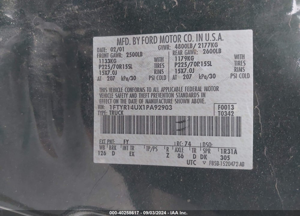 2001 FORD RANGER EDGE/XL/XLT VIN: 1FTYR14UX1PA92903