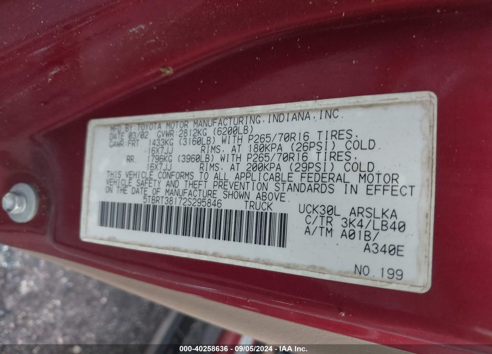 2002 TOYOTA TUNDRA VIN: 5TBRT38172S295846