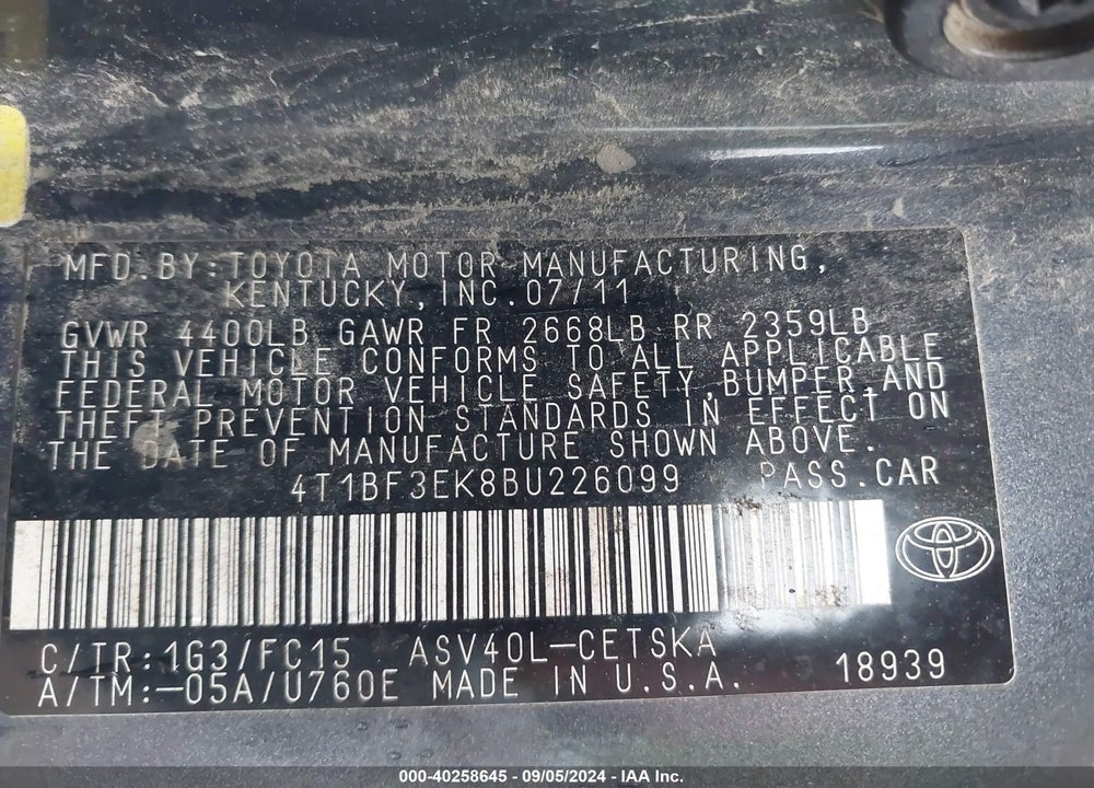 2011 TOYOTA CAMRY VIN: 4T1BF3EK8BU226099
