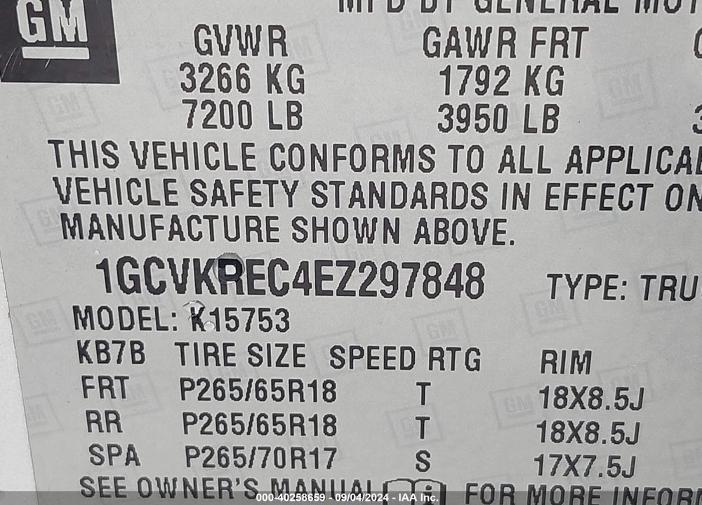 2014 CHEVROLET SILVERADO 1500 VIN: 1GCVKREC4EZ297848