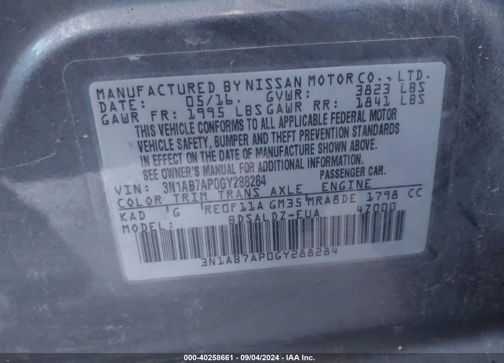 2016 NISSAN SENTRA FE+ S/S/SL/SR/SV VIN: 3N1AB7AP0GY288284