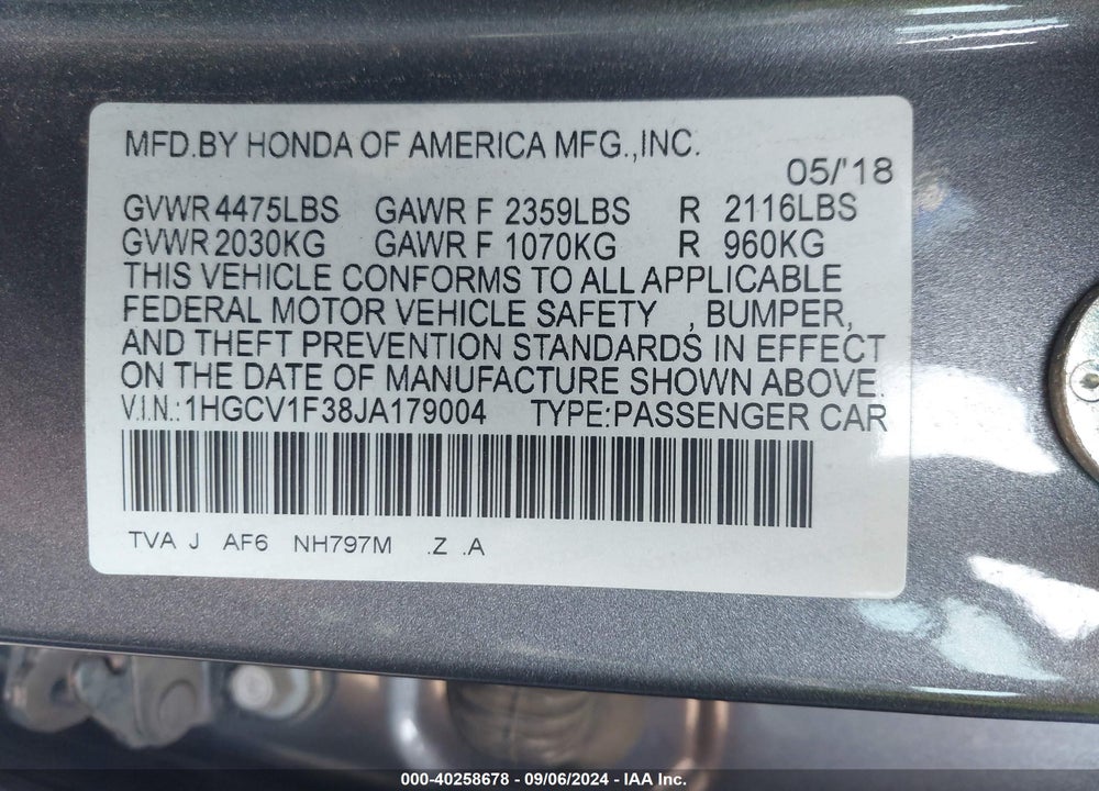 2018 HONDA ACCORD SPORT VIN: 1HGCV1F38JA179004