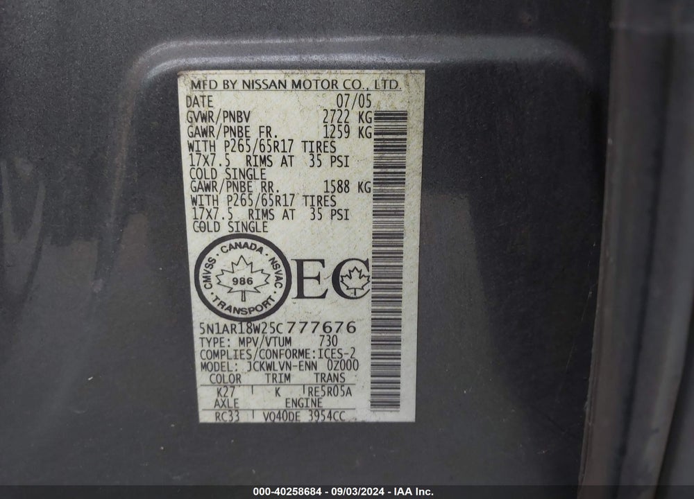 2005 NISSAN PATHFINDER VIN: 5N1AR18W25C777676