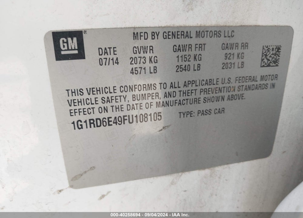 2015 CHEVROLET VOLT VIN: 1G1RD6E49FU108105