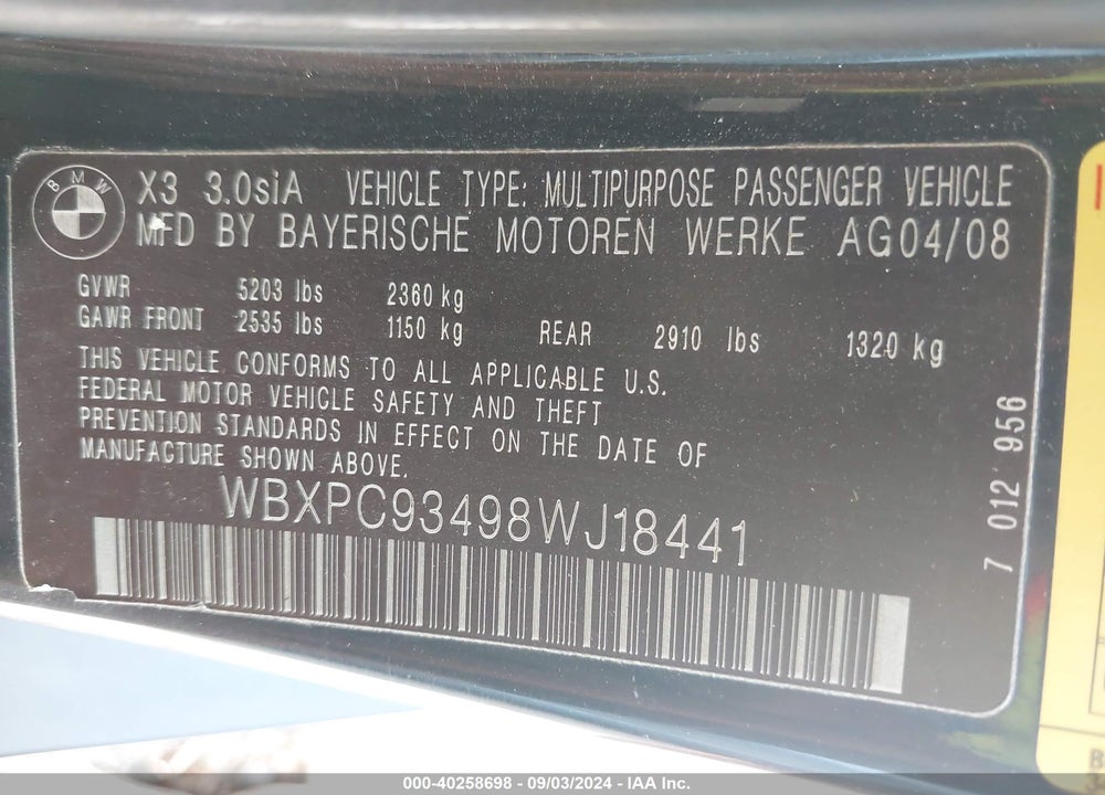 2008 BMW X3 VIN: WBXPC93498WJ18441