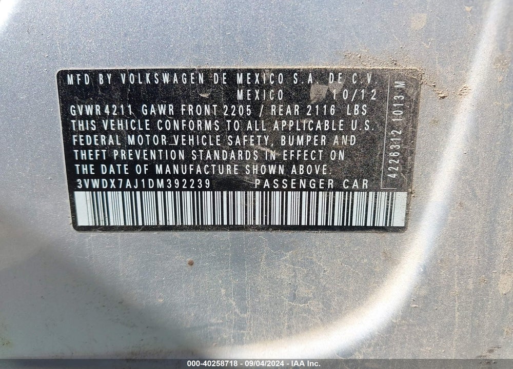 2013 VOLKSWAGEN JETTA 2.5L SE VIN: 3VWDX7AJ1DM392239