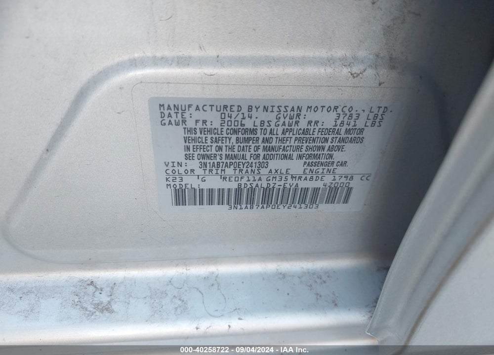 2014 NISSAN SENTRA FE+ S/FE+ SV/S/SL/SR/SV VIN: 3N1AB7AP0EY241303