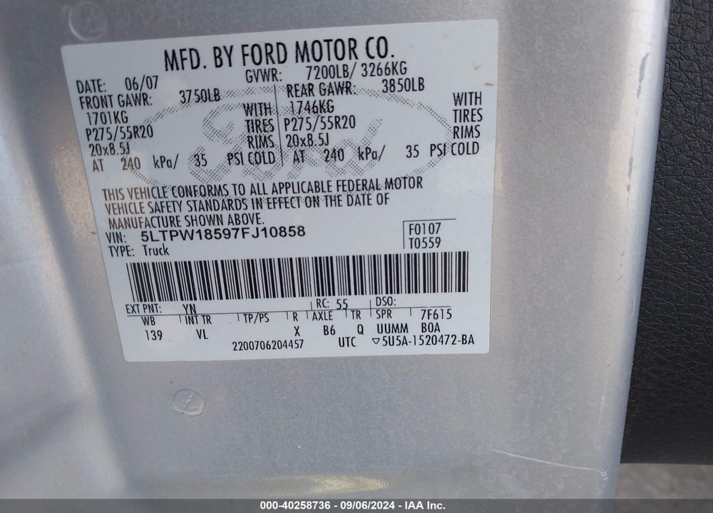 2007 LINCOLN MARK LT VIN: 5LTPW18597FJ10858