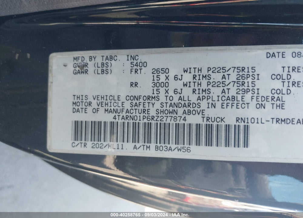 1994 TOYOTA PICKUP 1/2 TON SHORT WHLBSE DX VIN: 4TARN01P6RZ277874