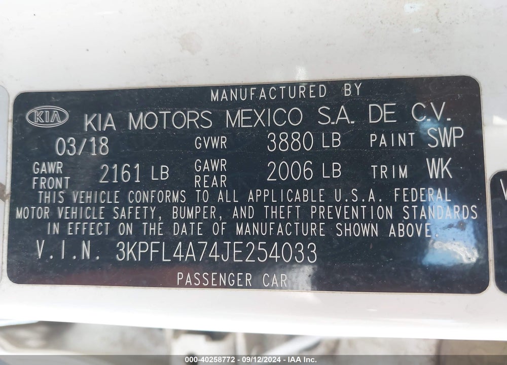 2018 KIA FORTE LX VIN: 3KPFL4A74JE254033