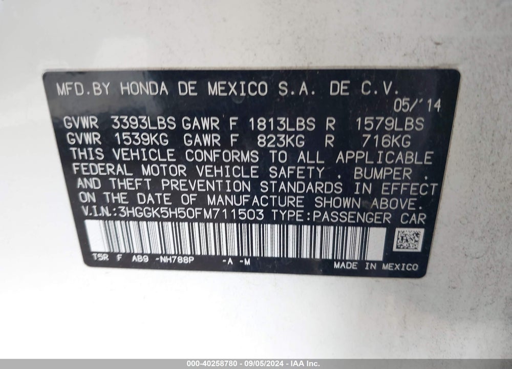 2015 HONDA FIT LX VIN: 3HGGK5H50FM711503