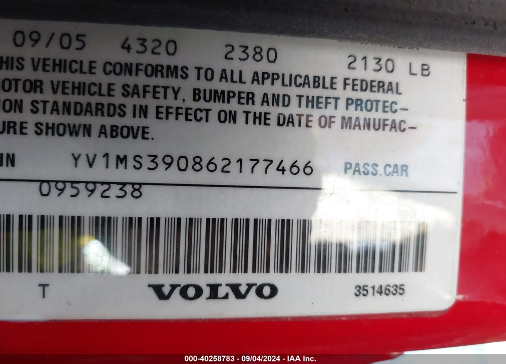 2006 VOLVO S40 2.4I VIN: YV1MS390862177466