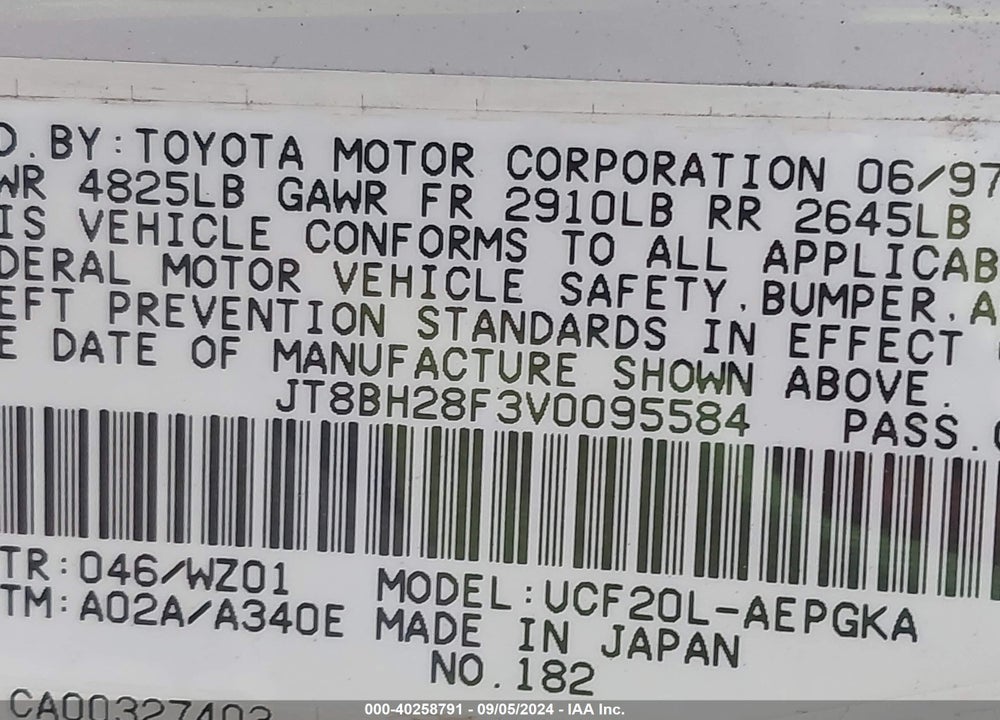1997 LEXUS LS 400 VIN: JT8BH28F3V0095584