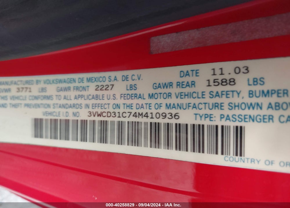 2004 VOLKSWAGEN NEW BEETLE GLS 1.8T VIN: 3VWCD31C74M410936