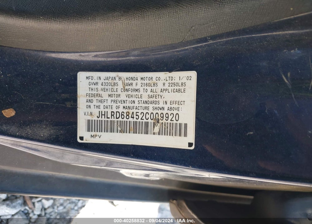 2002 HONDA CR-V LX VIN: JHLRD68452C009920