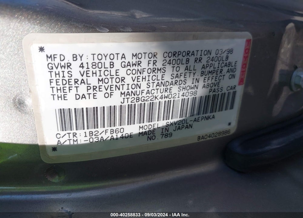 1998 TOYOTA CAMRY LE VIN: JT2BG22K4W0214098