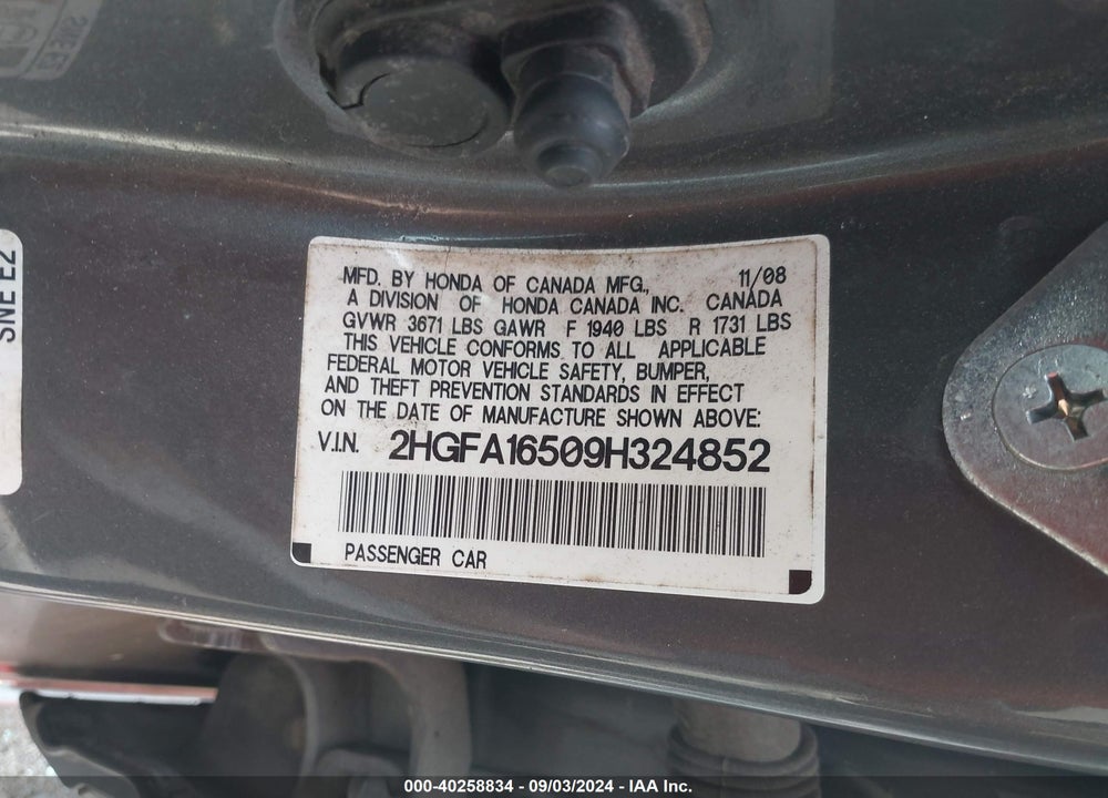 2009 HONDA CIVIC VIN: 2HGFA16509H324852