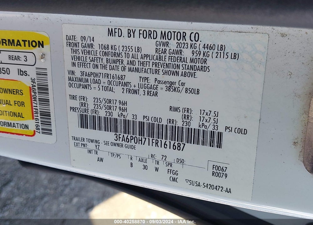 2015 FORD FUSION SE VIN: 3FA6P0H71FR161687
