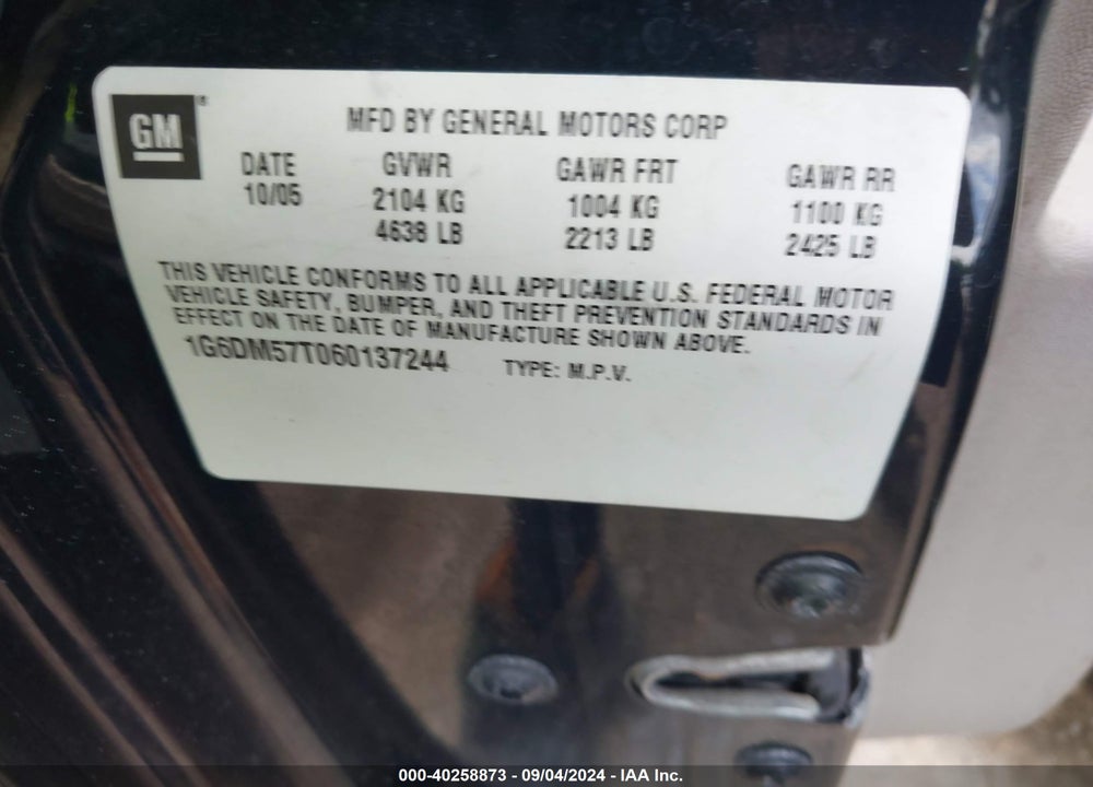 2006 CADILLAC CTS STANDARD VIN: 1G6DM57T060137244