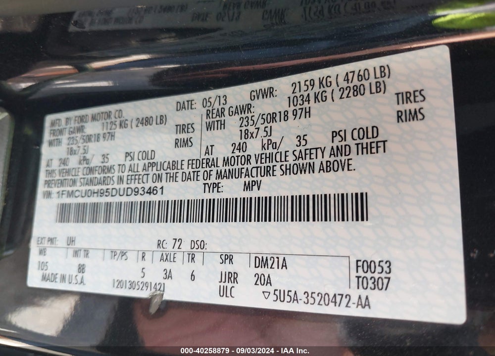 2013 FORD ESCAPE SEL VIN: 1FMCU0H95DUD93461