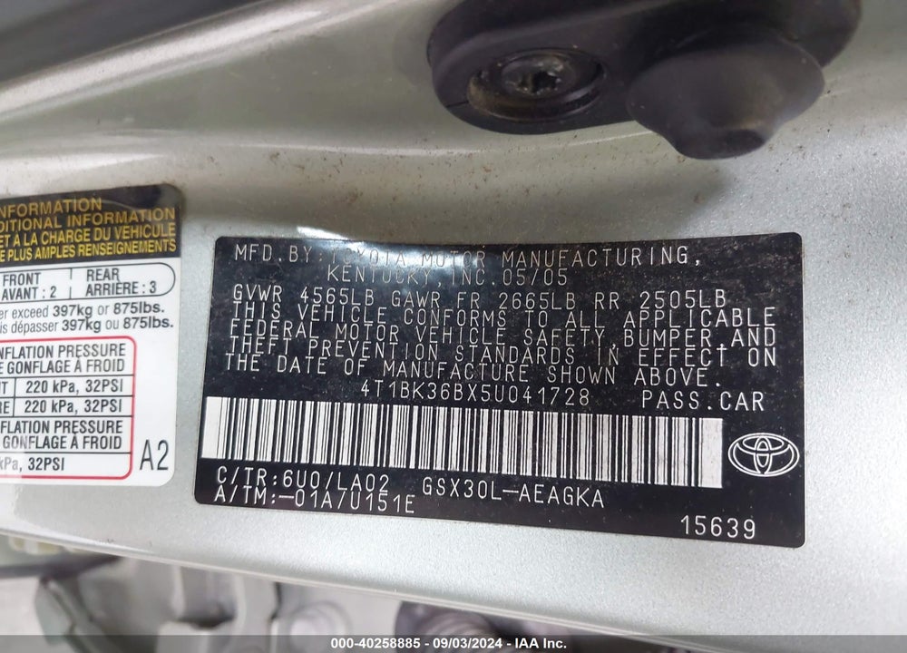 2005 TOYOTA AVALON XLS VIN: 4T1BK36BX5U041728