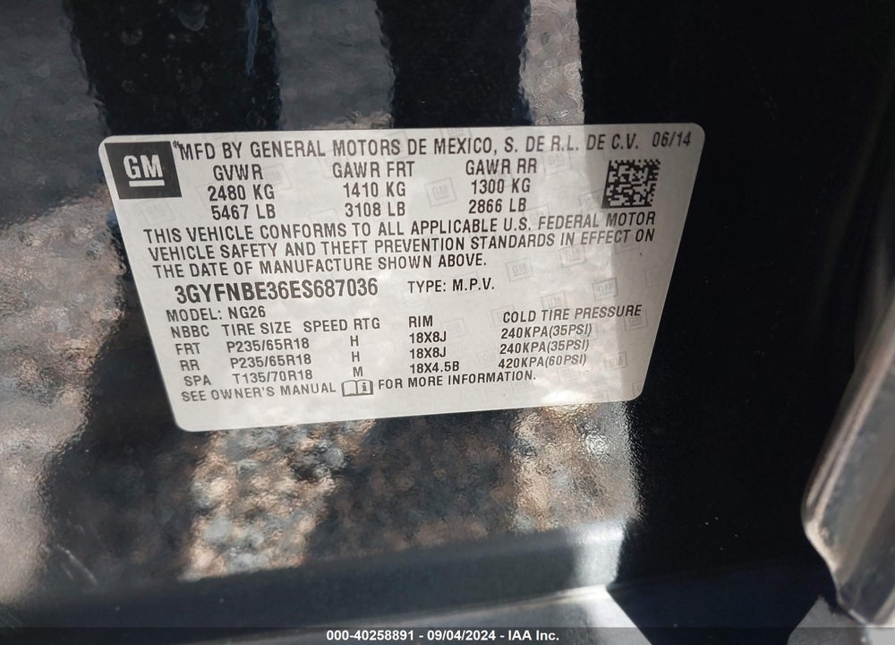 2014 CADILLAC SRX LUXURY COLLECTION VIN: 3GYFNBE36ES687036