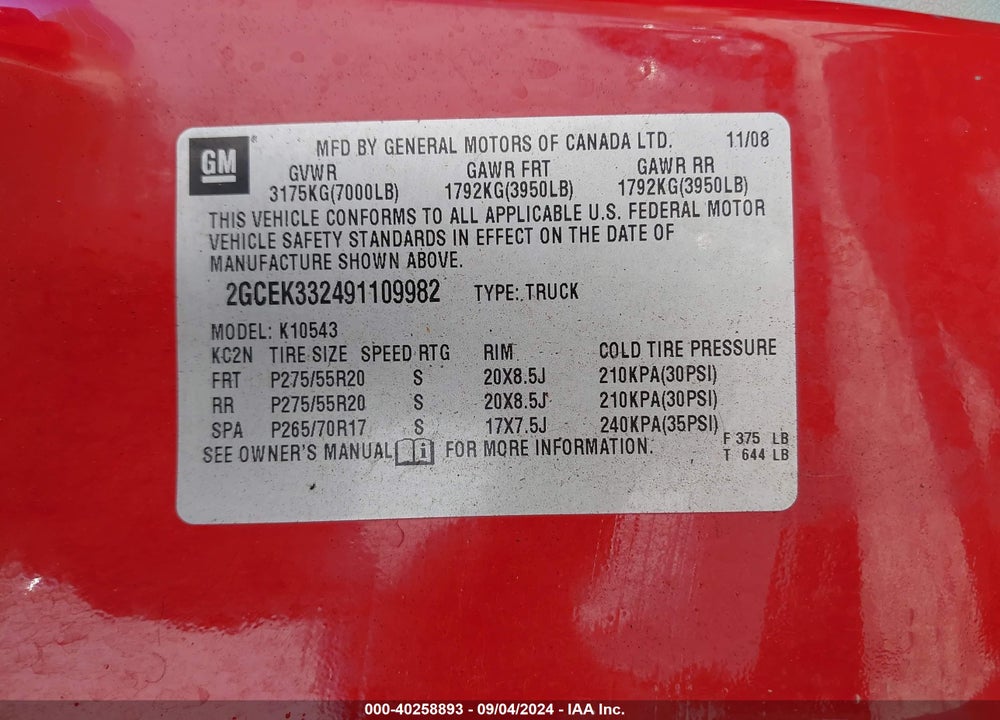 2009 CHEVROLET SILVERADO 1500 LTZ VIN: 2GCEK332491109982