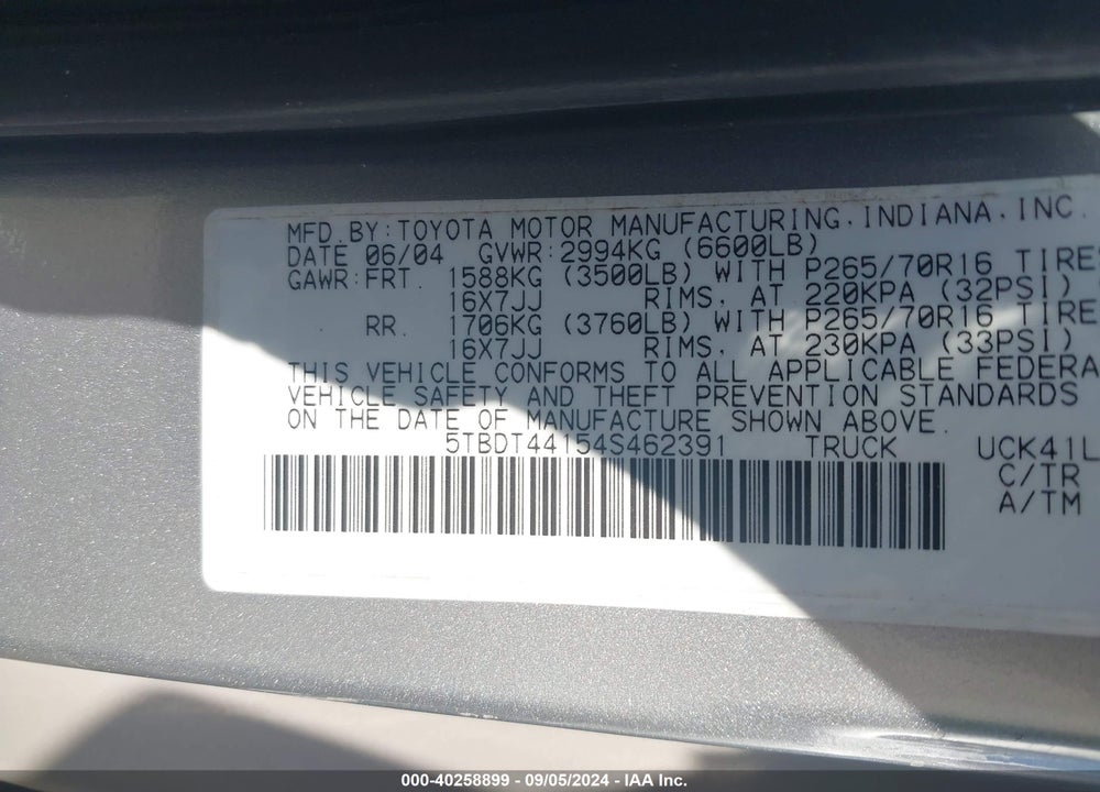 2004 TOYOTA TUNDRA VIN: 5TBDT44154S462391