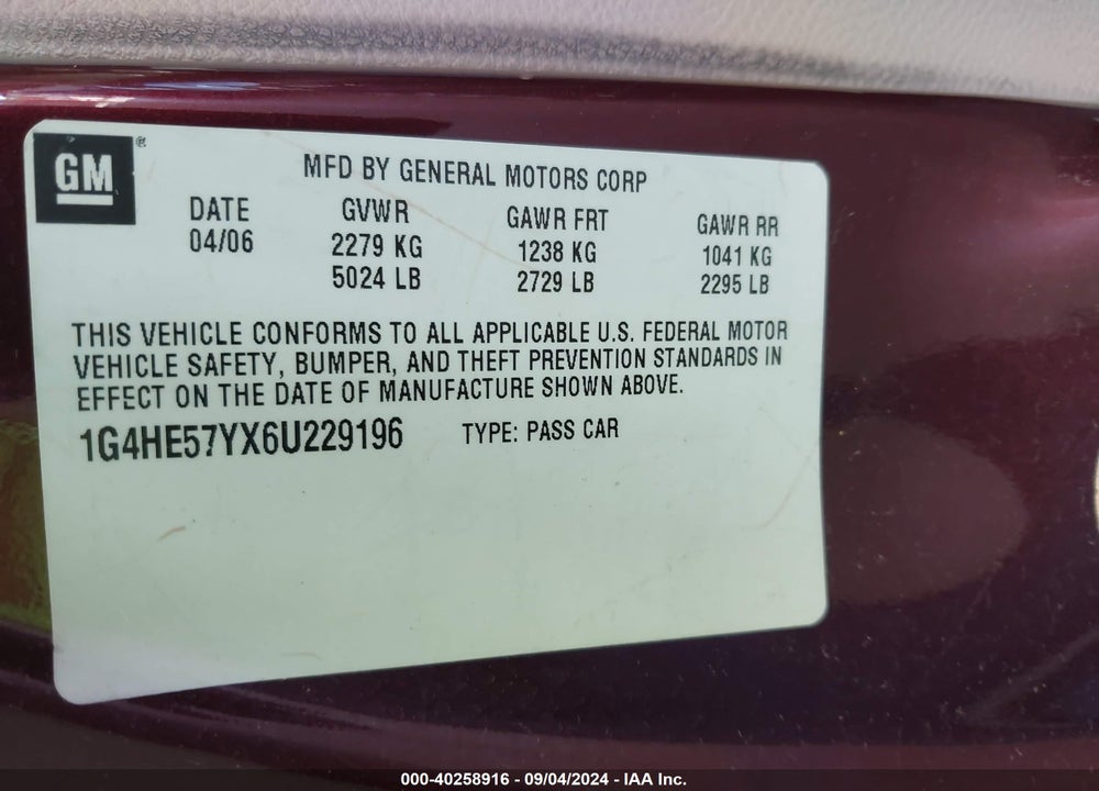 2006 BUICK LUCERNE CXS VIN: 1G4HE57YX6U229196