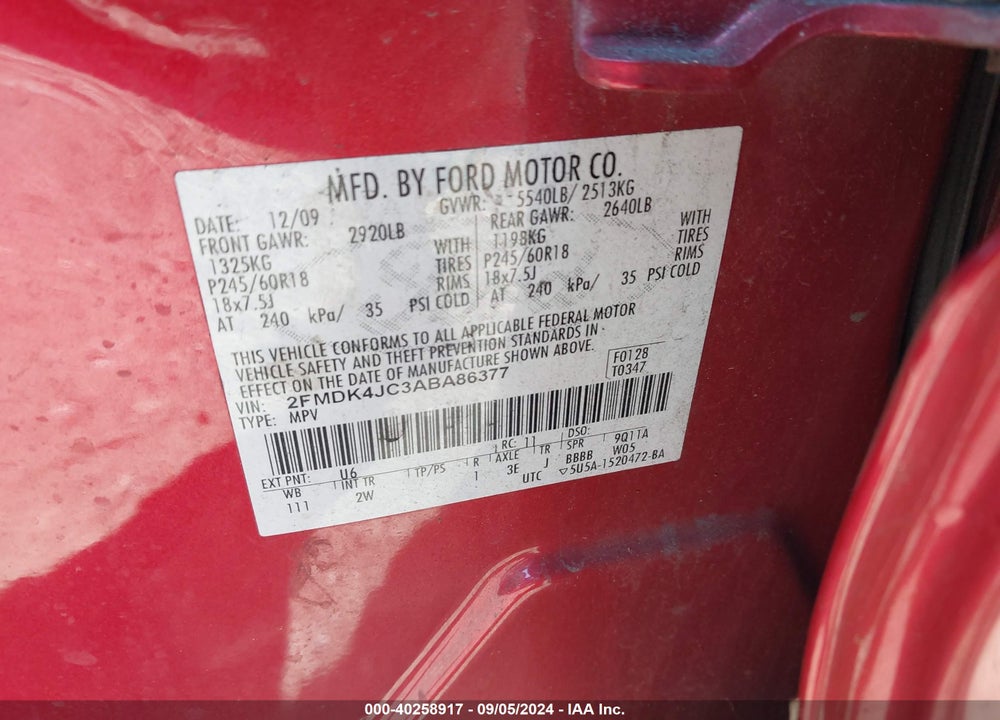 2010 FORD EDGE SEL VIN: 2FMDK4JC3ABA86377