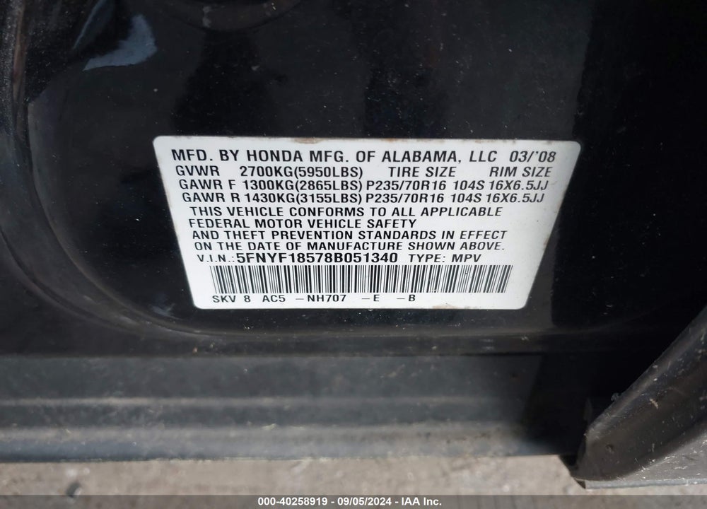 2008 HONDA PILOT EX-L VIN: 5FNYF18578B051340