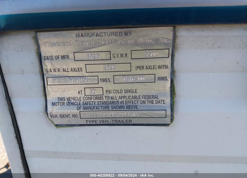 1995 MALLARD 23P, TRAVEL TRAILER, 23FT, NO SLIDEOUTS WH VIN: 1EF1P232XS2941565